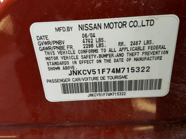 JNKCV51F74M715322 - 2004 INFINITI G35 RED photo 10