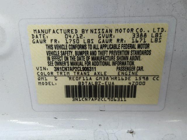 3N1CN7AP2CL906311 - 2012 NISSAN VERSA S WHITE photo 10