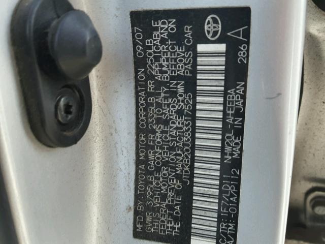 JTDKB20U383317525 - 2008 TOYOTA PRIUS SILVER photo 10