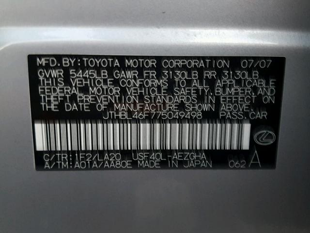 JTHBL46F775049498 - 2007 LEXUS LS 460 SILVER photo 10