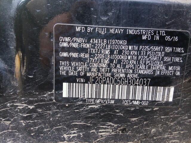 JF2GPADC5GH304037 - 2016 SUBARU CROSSTREK BLACK photo 10