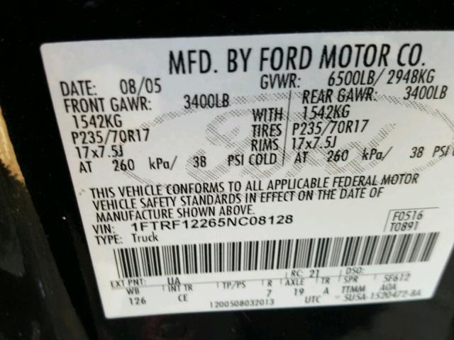 1FTRF12265NC08128 - 2005 FORD F150 BLACK photo 10