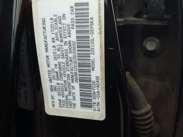 1NXBR12E92Z633892 - 2002 TOYOTA COROLLA CE BLACK photo 10