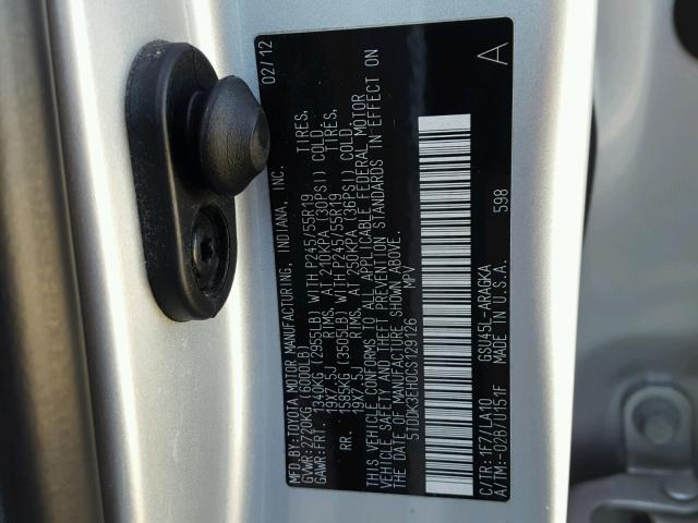 5TDDK3EH0CS129126 - 2012 TOYOTA HIGHLANDER SILVER photo 10