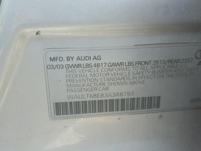 WAULT68E83A348793 - 2003 AUDI A4 3.0 QUA SILVER photo 10