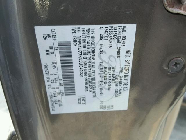 1FMZU77K55UB40004 - 2005 FORD EXPLORER S CHARCOAL photo 10