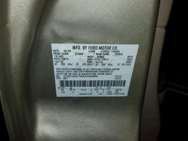 1FMCU0C78AKA42069 - 2010 FORD ESCAPE XLS GOLD photo 10