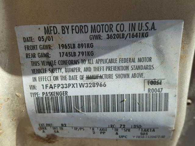 1FAFP33PX1W328966 - 2001 FORD FOCUS LX BEIGE photo 10