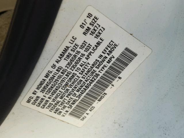 5FNRL3H40AB048236 - 2010 HONDA ODYSSEY EX WHITE photo 10