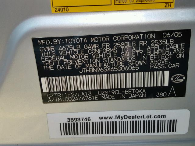 JTHBN96SX65006065 - 2006 LEXUS GS GENERAT SILVER photo 10