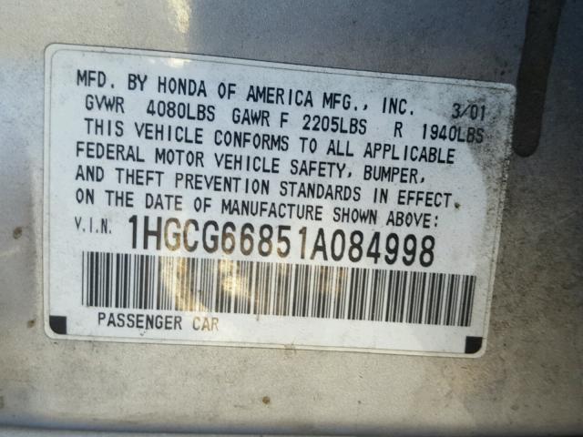 1HGCG66851A084998 - 2001 HONDA ACCORD EX 银色 照片 10