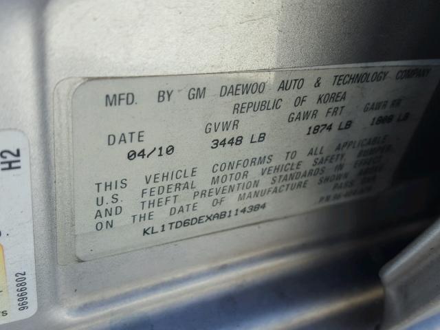 KL1TD6DEXAB114384 - 2010 CHEVROLET AVEO LS SILVER photo 10