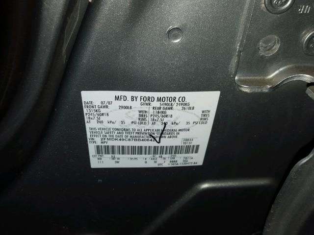 2FMDK49C87BB40642 - 2007 FORD EDGE SEL P GRAY photo 10