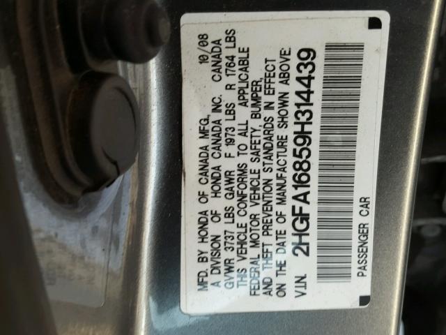 2HGFA16859H314439 - 2009 HONDA CIVIC EX SILVER photo 10