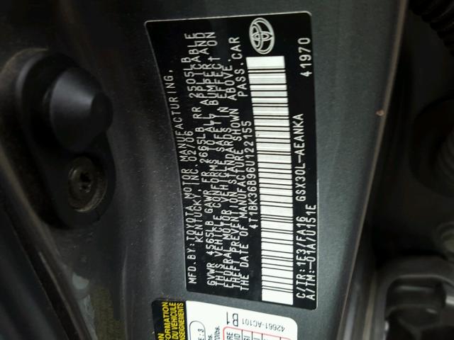 4T1BK36B96U122155 - 2006 TOYOTA AVALON XL GRAY photo 10