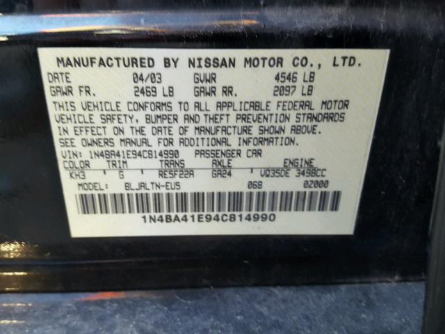 1N4BA41E94C814990 - 2004 NISSAN MAXIMA SE BLACK photo 10