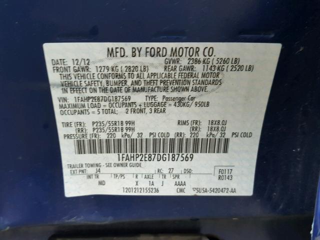 1FAHP2E87DG187569 - 2013 FORD TAURUS SEL BLUE photo 10