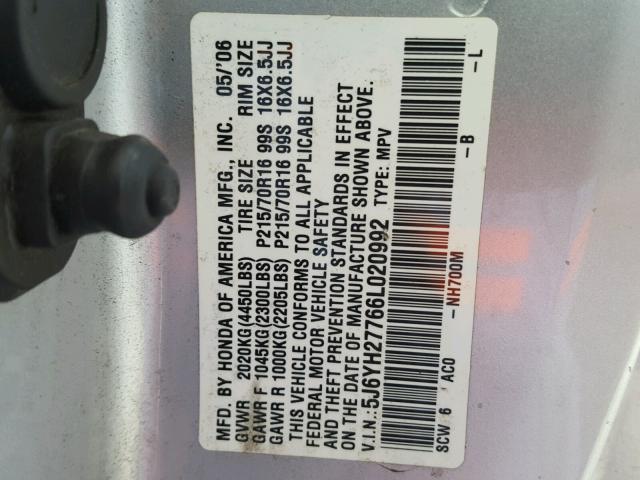 5J6YH27766L020992 - 2006 HONDA ELEMENT EX GRAY photo 10