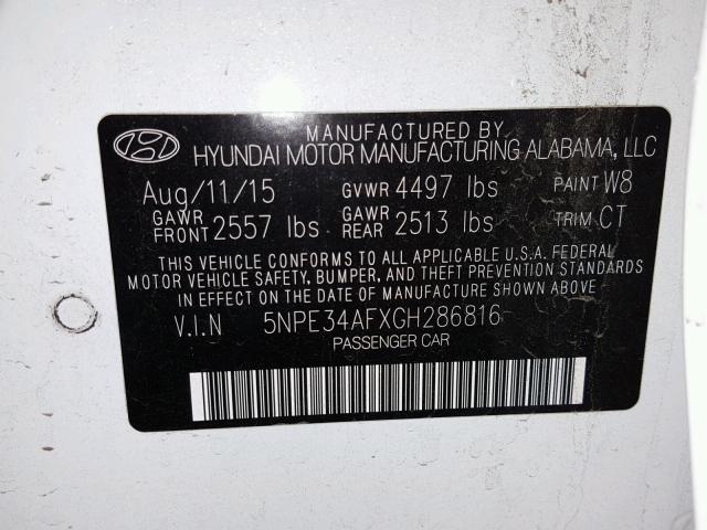 5NPE34AFXGH286816 - 2016 HYUNDAI SONATA SPO WHITE photo 10