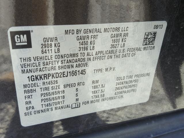 1GKKRPKD2EJ166145 - 2014 GMC ACADIA SLE CHARCOAL photo 10