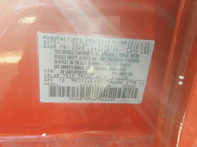 3N1AB7AP5HY261132 - 2017 NISSAN SENTRA RED photo 10