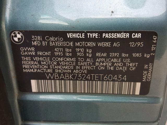 WBABK7324TET60434 - 1996 BMW 328 IC BLUE photo 10