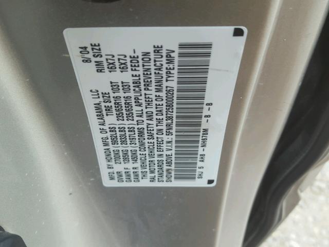 5FNRL38725B000267 - 2005 HONDA ODYSSEY EX SILVER photo 10