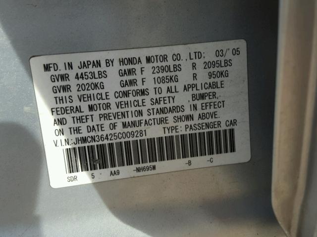 JHMCN36425C009281 - 2005 HONDA ACCORD HYB SILVER photo 10