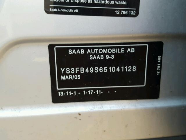 YS3FB49S651041128 - 2005 SAAB 9-3 LINEAR SILVER photo 10