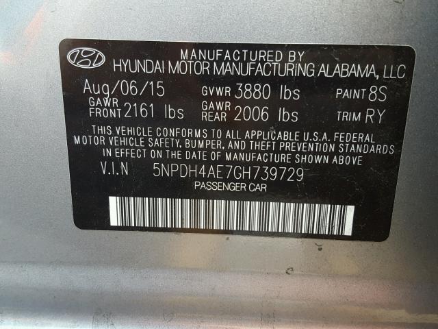 5NPDH4AE7GH739729 - 2016 HYUNDAI ELANTRA SE GRAY photo 10