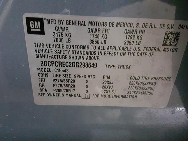 3GCPCREC2GG298649 - 2016 CHEVROLET SILVERADO CHARCOAL photo 10