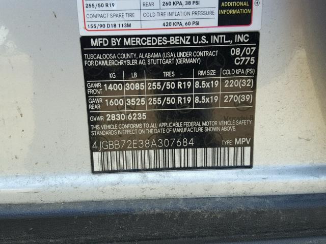 4JGBB72E38A307684 - 2008 MERCEDES-BENZ ML 550 SILVER photo 10