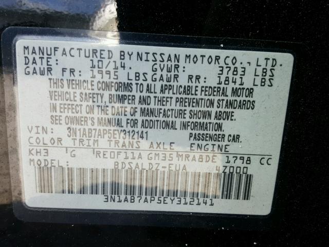 3N1AB7AP5EY312141 - 2014 NISSAN SENTRA S BLACK photo 10