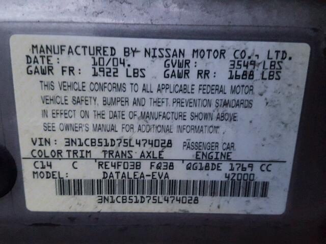 3N1CB51D75L474028 - 2005 NISSAN SENTRA 1.8 TAN photo 10