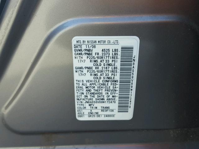 JN8AS58V89W172478 - 2009 NISSAN ROGUE S GRAY photo 10