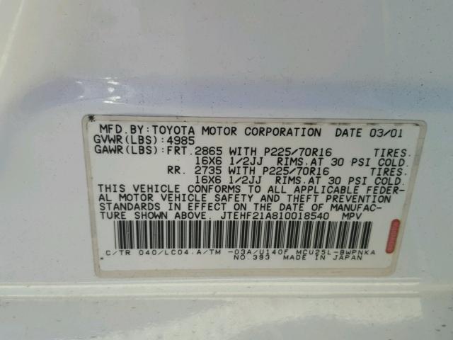 JTEHF21A810018540 - 2001 TOYOTA HIGHLANDER WHITE photo 10