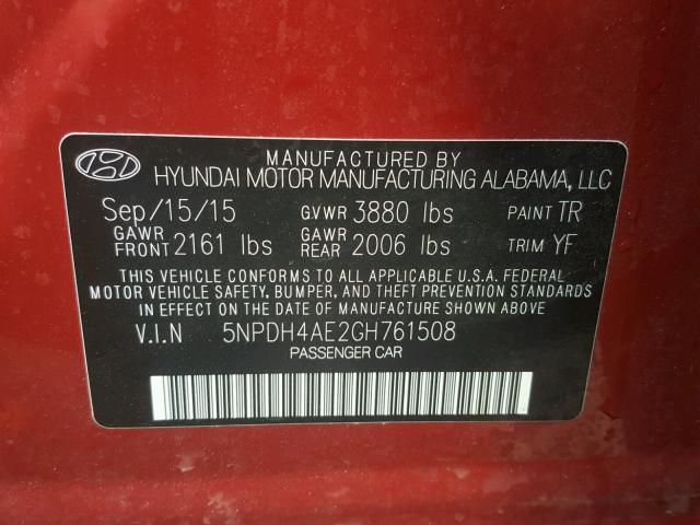 5NPDH4AE2GH761508 - 2016 HYUNDAI ELANTRA SE BURGUNDY photo 10