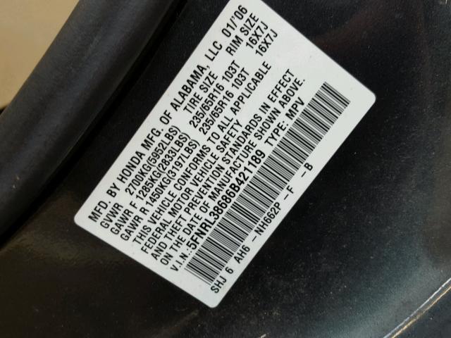 5FNRL38686B421189 - 2006 HONDA ODYSSEY EX GRAY photo 10