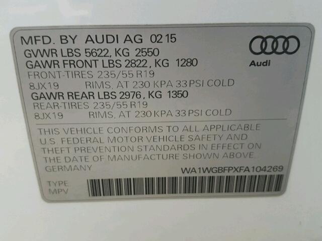 WA1WGBFPXFA104269 - 2015 AUDI Q5 PRESTIG WHITE photo 10