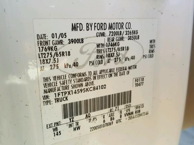 1FTPX14595KC84102 - 2005 FORD F150 WHITE photo 10