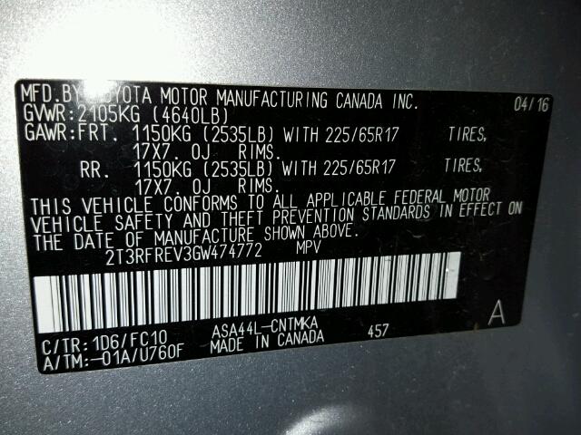 2T3RFREV3GW474772 - 2016 TOYOTA RAV4 XLE SILVER photo 10