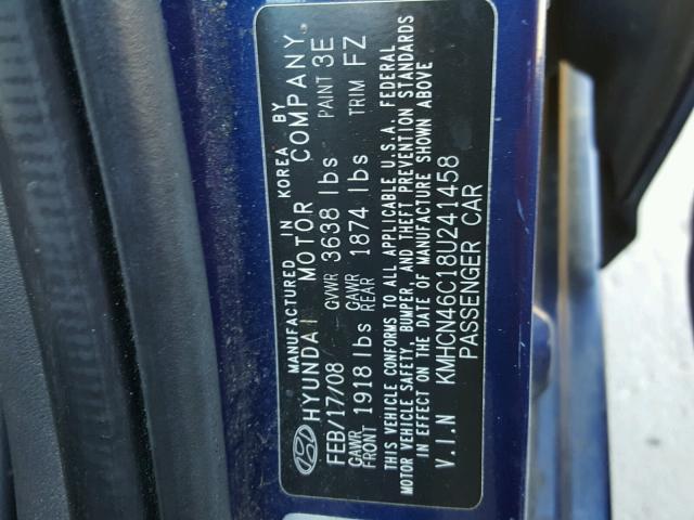 KMHCN46C18U241458 - 2008 HYUNDAI ACCENT GLS BLUE photo 10