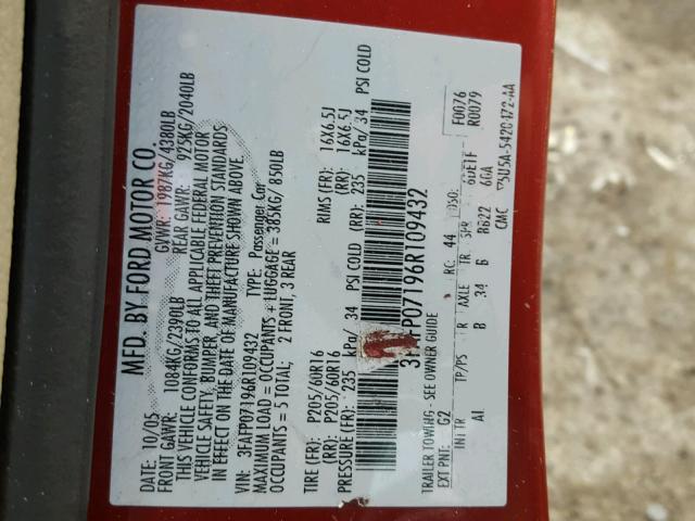 3FAFP07196R109432 - 2006 FORD FUSION SE RED photo 10