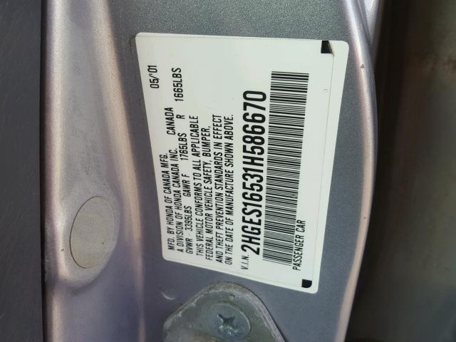 2HGES16531H586670 - 2001 HONDA CIVIC LX SILVER photo 10