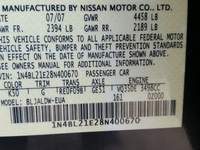 1N4BL21E28N400670 - 2008 NISSAN ALTIMA 3.5 GRAY photo 10