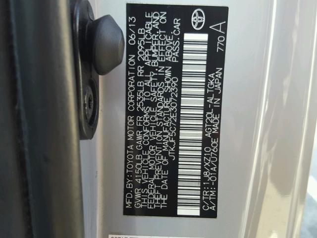 JTKJF5C72E3072390 - 2014 TOYOTA SCION TC 银色 照片 10