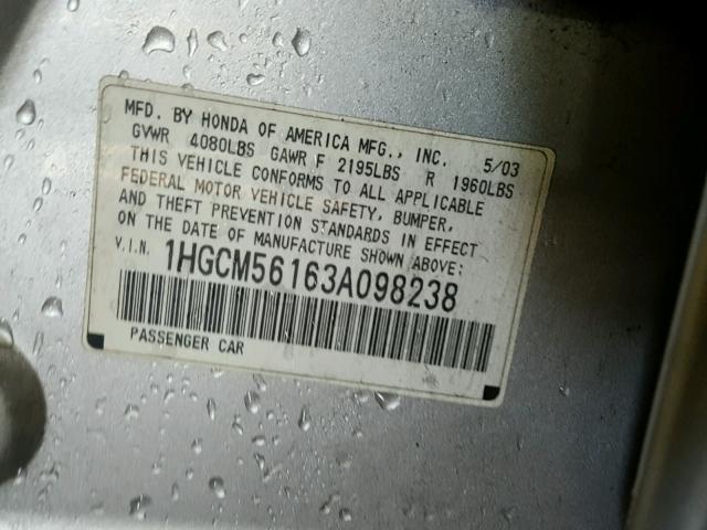 1HGCM56163A098238 - 2003 HONDA ACCORD DX SILVER photo 10