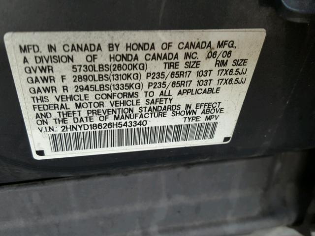 2HNYD18626H543340 - 2006 ACURA MDX TOURIN GRAY photo 10