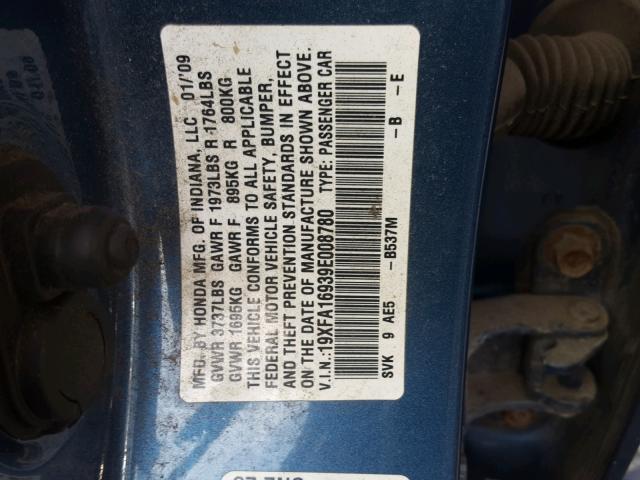 19XFA16939E008780 - 2009 HONDA CIVIC EXL 蓝色 照片 10