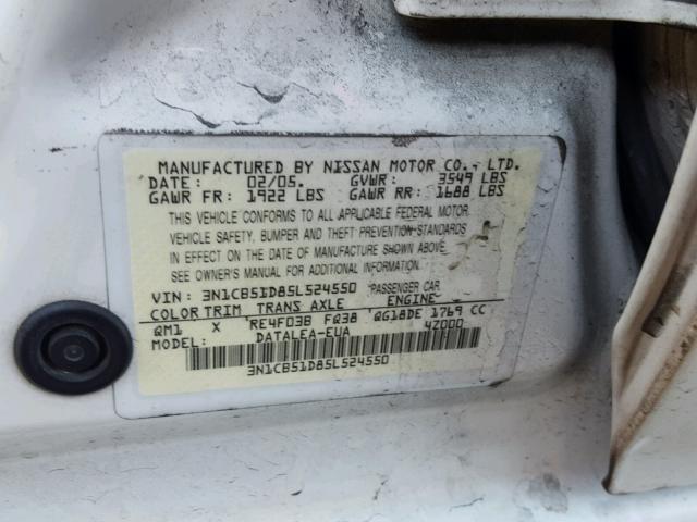 3N1CB51D85L524550 - 2005 NISSAN SENTRA 1.8 WHITE photo 10